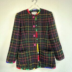 Vintage David Hayes Neiman Marcus Womens Plaid Jacket Black Multicolor Pockets